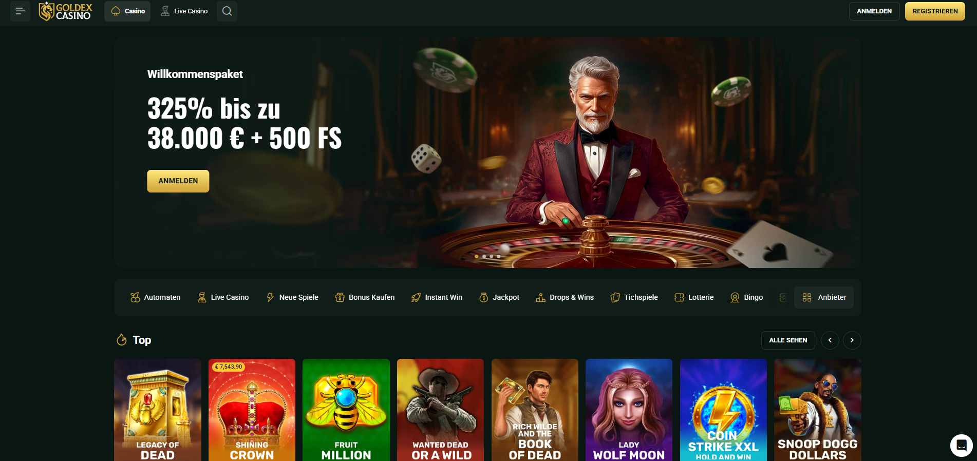 Goldex Startseite mit Willkommenspaket 325 % bis zu 38.000 € plus 500 Freispielen