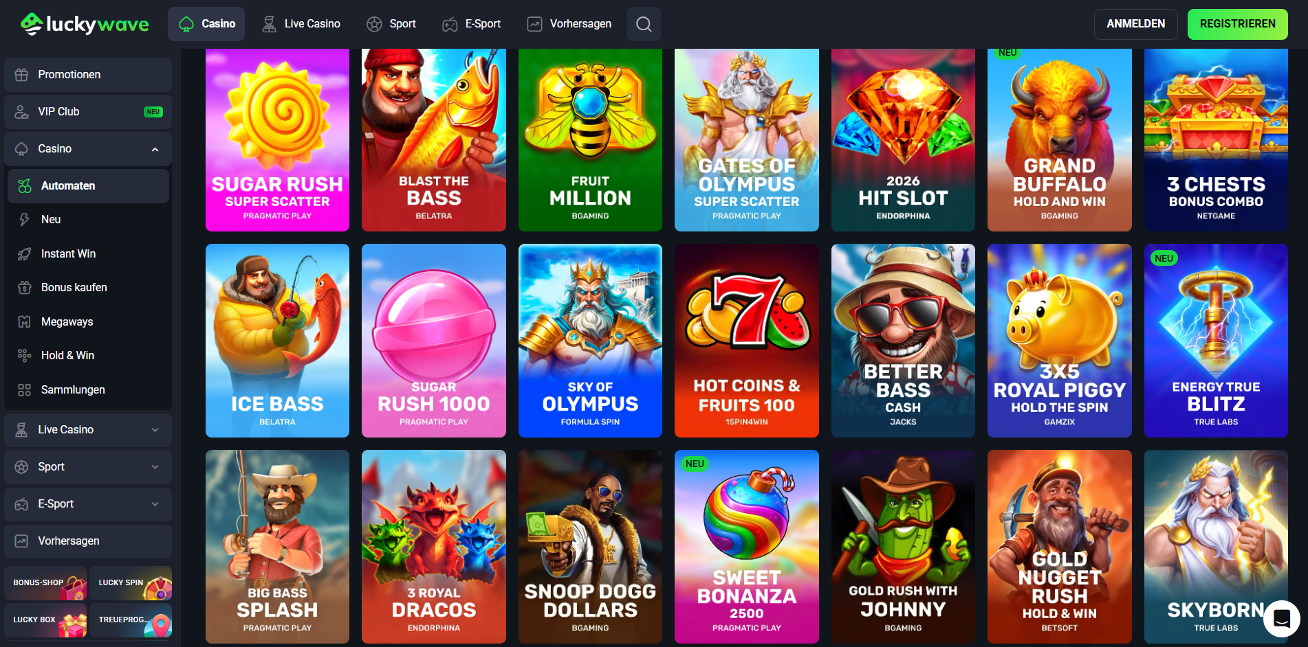 LuckyWave Startseite mit Seitenmenü: Casino, Live Casino, Sport, E-Sport und Bonus-Shop in einer Navigation