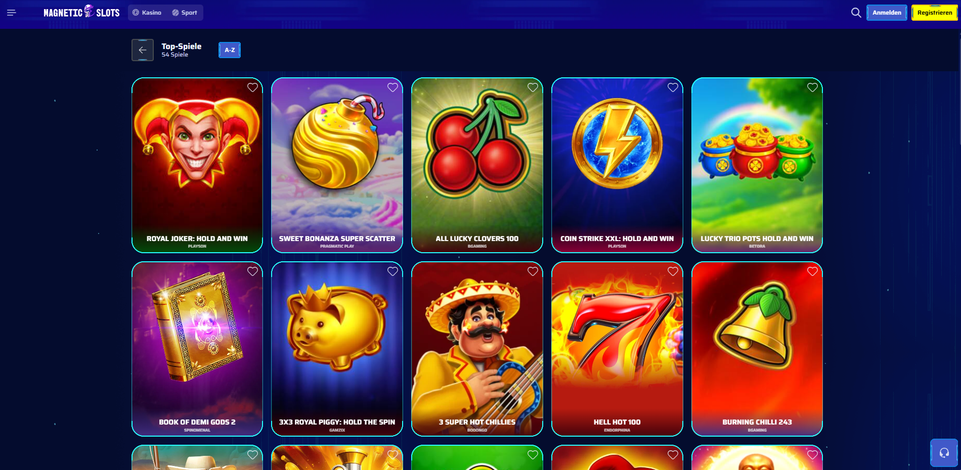 Top-Spiele-Übersicht in der MagneticSlots Lobby mit 54 Titeln von Playson, Pragmatic Play und BGaming